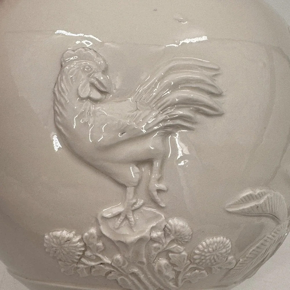 White Relief Porcelain Ginger Jar Rooster Floral Botanical Blanc de Chine